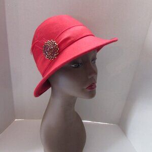 Uno Alla Volta Cherry Red Felt Hat with Starburst Rhinestone Decoration